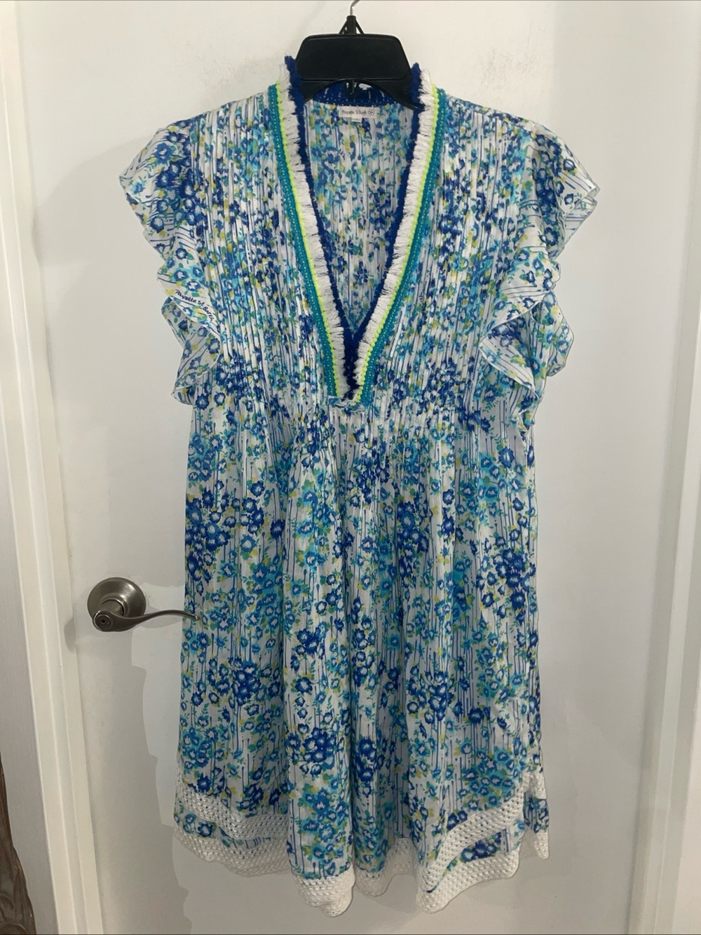 Poupette St Barth small Sasha Floral Blue Fringe V-Neck Pleated mini dress